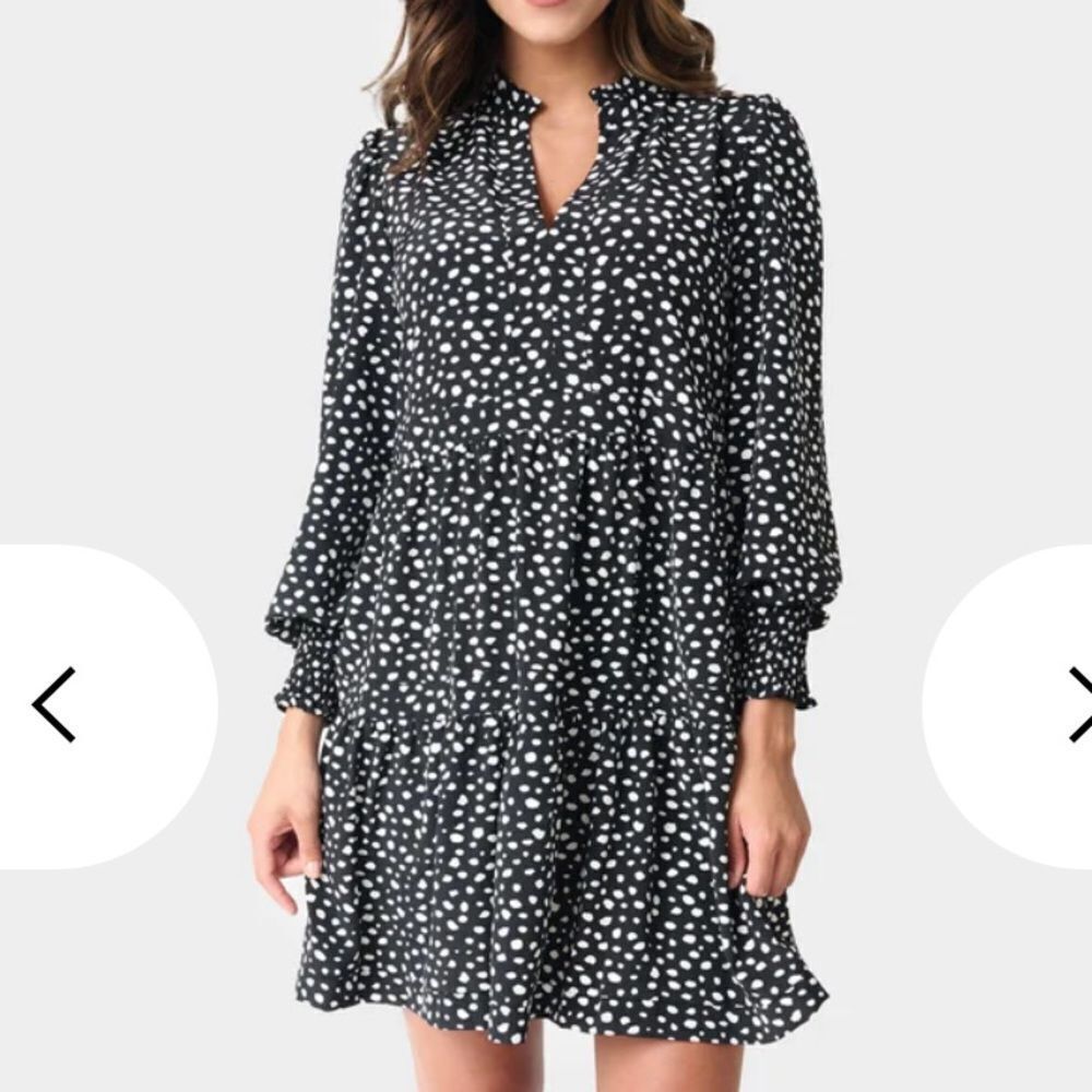 Gibson Look Long Sleeve Decked Out Day Dress Black Off White Dots M NWT in packg